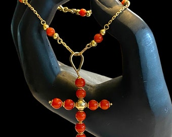 Stunning Estate 14K Yellow Gold Coral Cross Pendant Bead Chain Link 7” Bracelet!!