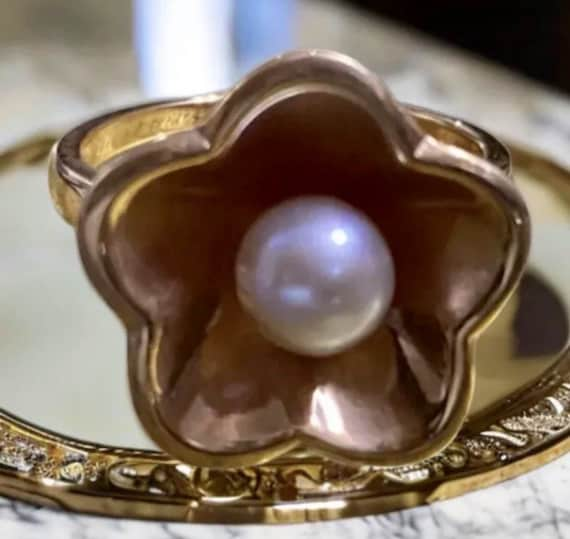 VINTAGE 14K ROSE Gold 6mm Pearl Flower Ring Size 8 - image 1