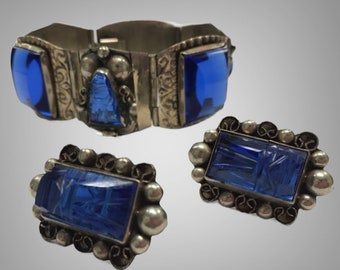 Vintage Mexican Silver Wide Bracelet and Earring Set, Cobalt Blue Foiled Glass Gems