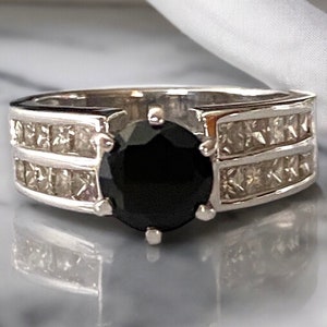 Estate Solid 14K White Gold Black Diamond Engagement Ring With Princess Cut Accents 1.80 CTW Size 7.5