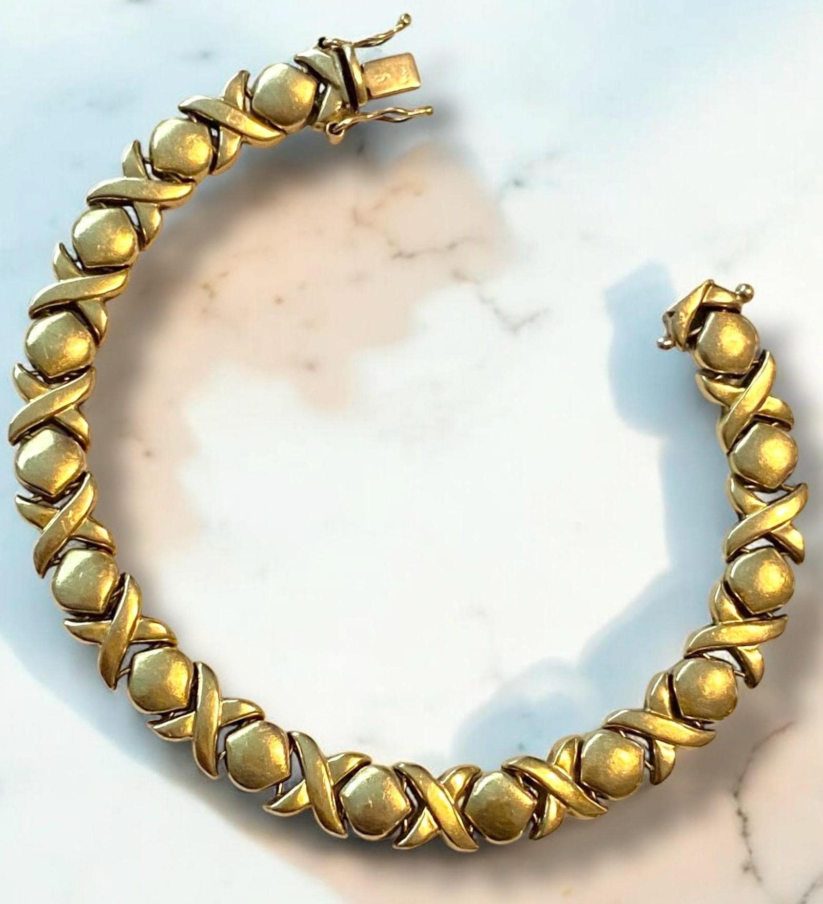 14K ゴールド サファイア ブレスレット XOXOデザイン Vintage Original 1980's 14k Italian Yellow Gold 7.25” XOXO 9mm