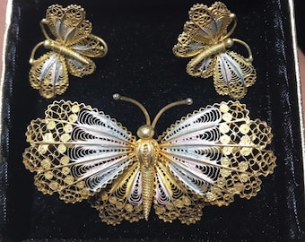 Vintage Sterling Silver Gold Vermeil Filagree BUTTERFLY Pin and Earrings Set STUNNING!!