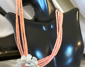 Beautiful Estate Coral Bead Multi Strand MOP Mother Of Pearl Flower Necklace 925 Clasp!