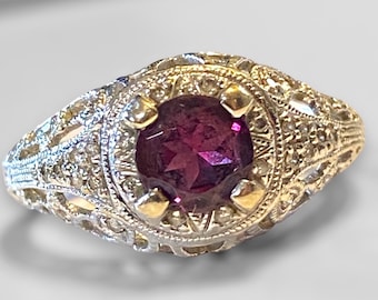 Estate 18K 750 White Gold Filigree Ruby and Diamond Ring GORGEOUS!