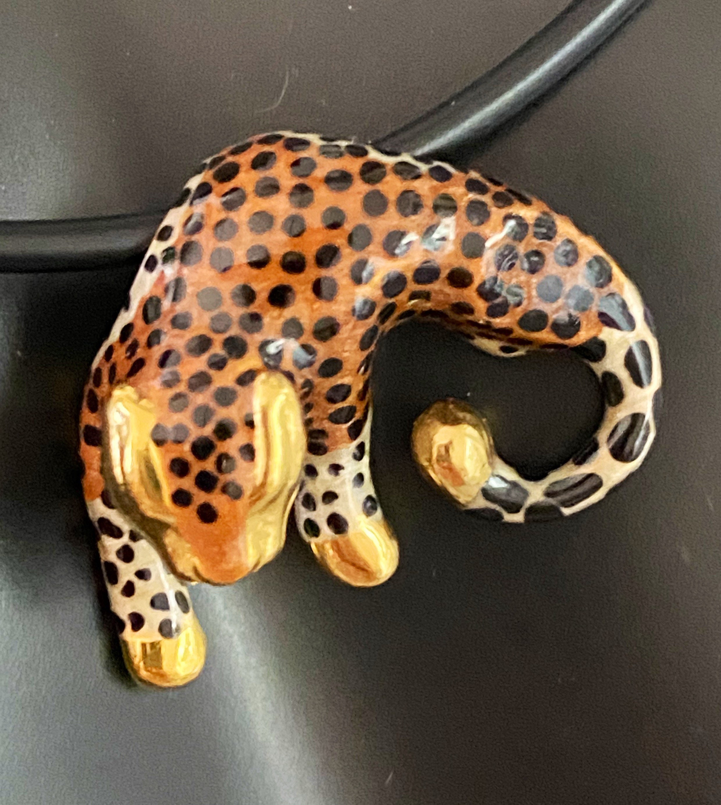 Estate 14k Yellow Gold Leopard Slide Pendant Black Cord Necklace