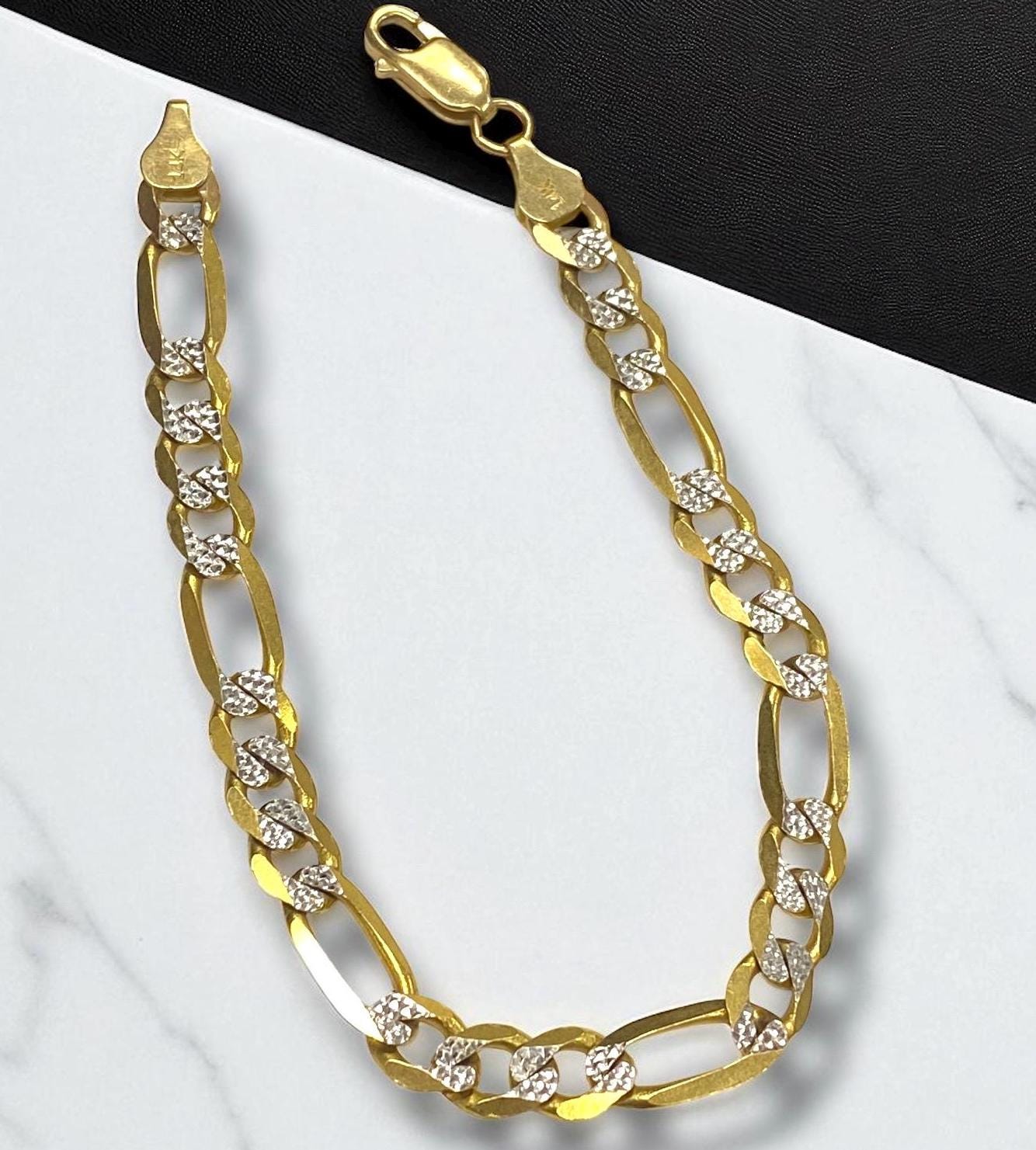 MENS Fancy 14k SOLID Yellow Gold Diamond Cut 7mm Wide FIGARO Chain