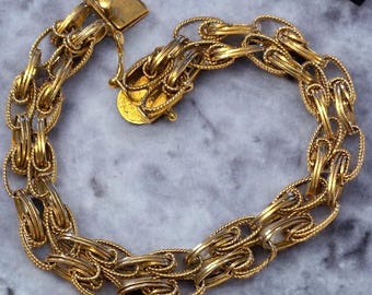 Vintage 1960's 14K Yellow Gold Wide Unique Link Heart Clasp 7.5” CHARM BRACELET!