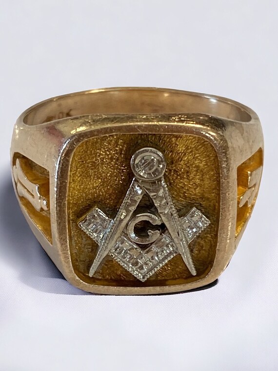 Vintage MENS MASONIC 10K Two Tone Gold Ring Size … - image 10