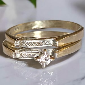 STUNNING Vintage 14k White Gold Art Deco Diamond Engagement Ring Wedding Band Set Size 7.5