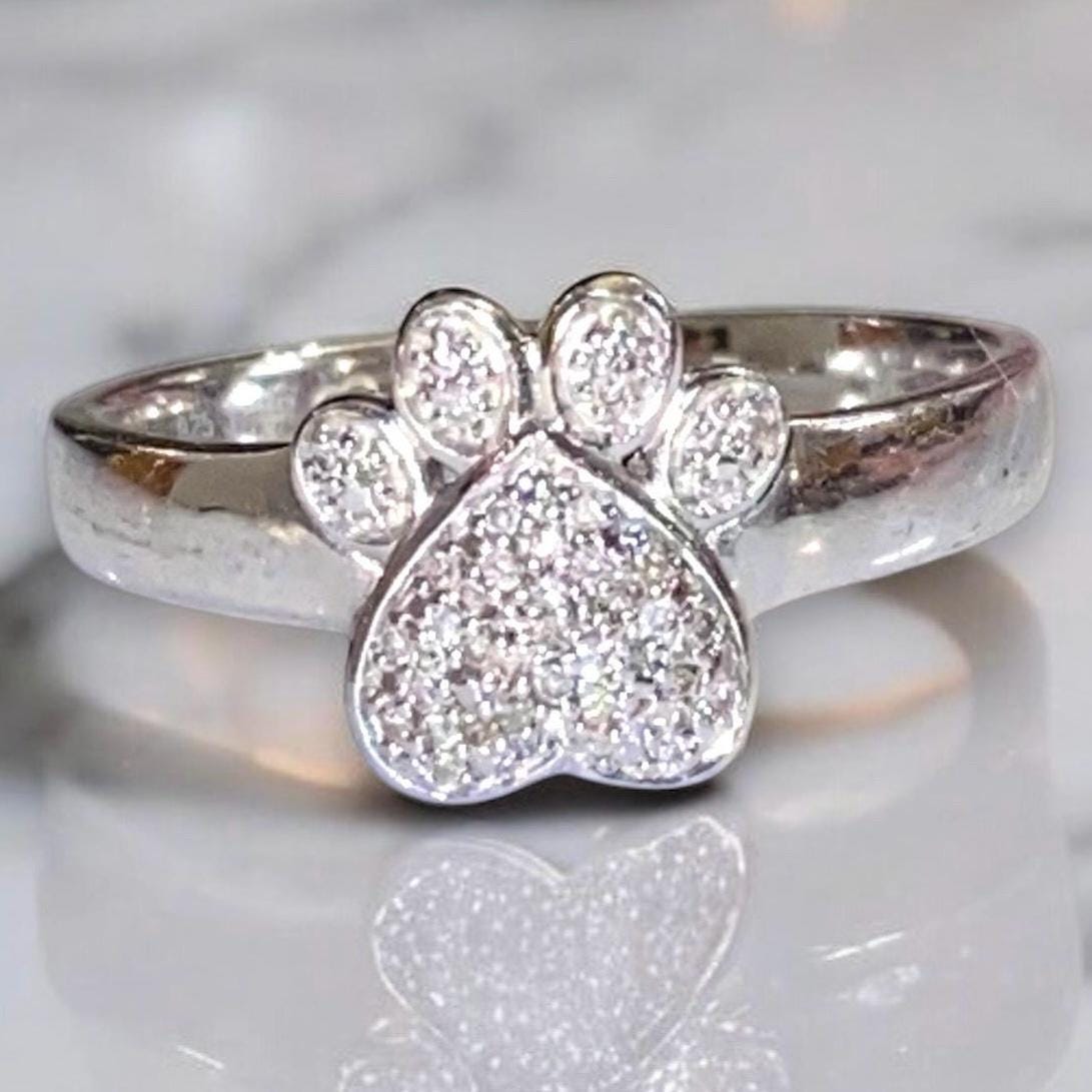 Dainty 10k White Gold Dog Paw Print Ring - Handmade Pet Lover Jewelry, Gift For Dog Owners