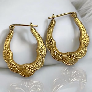 Vintage BEAUTIFUL 14K Yellow Gold Fancy Etched Hoop Pierced Earrings