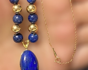 UNIQUE Vintage Estate 18K Yellow Gold Blue Lapis  Pendant Necklace