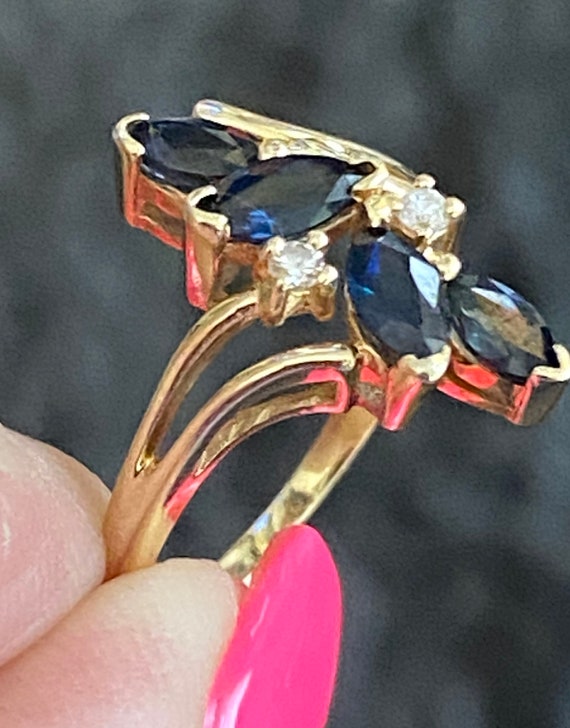 Bague Or Jaune 14 Carats 3,75g – Saphir Bleu Taille 6.75 – Bijou Fin Bande Marquise