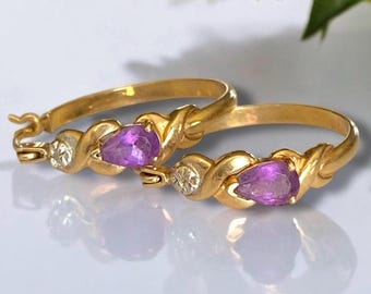 Lovely Estate 14k Yellow Gold Amethyst Hoop Earrings!