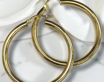 Vintage 14K Yellow Gold 1.5” Large Smooth Hoop Pierced Earrings BEAUTIFUL!