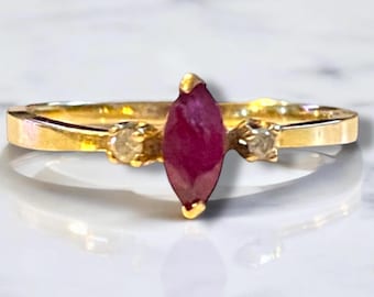 GORGEOUS 14K GOLD .25ct Marquis Ruby and Diamond Ring Size 6.5