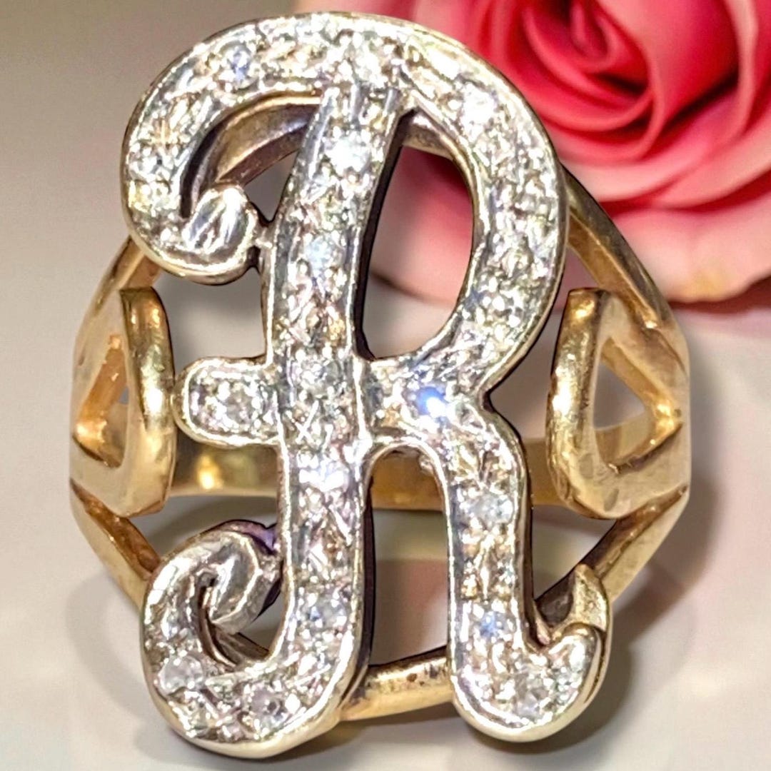 Vintage Custom 14K Yellow Gold Large DIAMOND INITIAL “R” Ring Size 7.5 ...