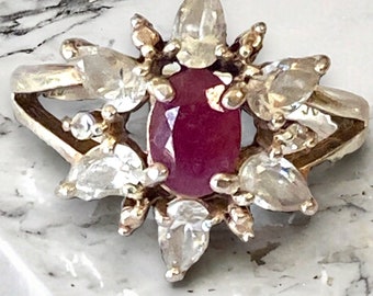 Vintage Estate 925 Sterling Silver Ruby Flower Statement Ring Size 6.25