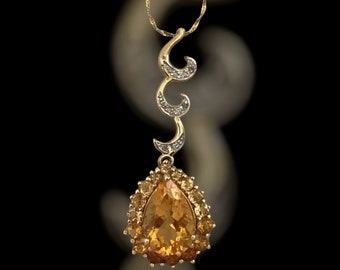 5 CTW Gorgeous 10k Yellow Gold Citrine with Diamonds 17” Large Pendant Necklace