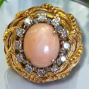 ESTATE Circa 1970s 14k Yellow Gold Angel Skin Coral and Diamond Cocktail Ring Size 5