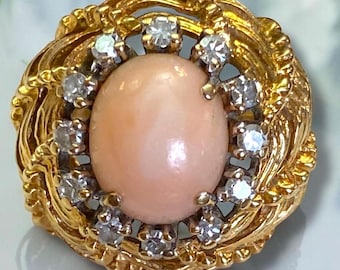 ESTATE Circa 1970s 14k Yellow Gold Angel Skin Coral and Diamond Cocktail Ring Size 5