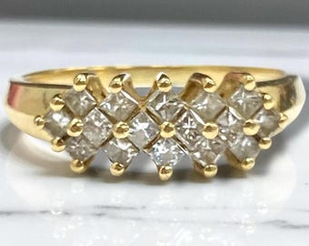 Beautiful Vintage 14k Yellow Gold Princess Cut Diamond Wedding Band Ring Sz 7.75