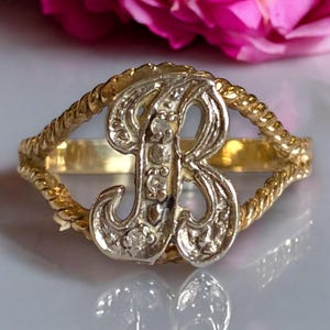 Vintage 14K Yellow Gold Small DIAMOND &quot;B&quot; Initial Ring CUSTOM Size 5!