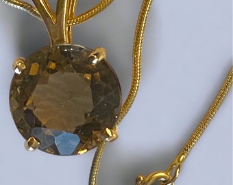 STUNNING Vintage 14K Yellow Gold LARGE 5 CT Smoky Topaz Pendant 18" Necklace