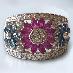 GORGEOUS ESTATE 14k White Gold 2.03 CTW Diamond Sapphire Ruby Flower Ring 7.75