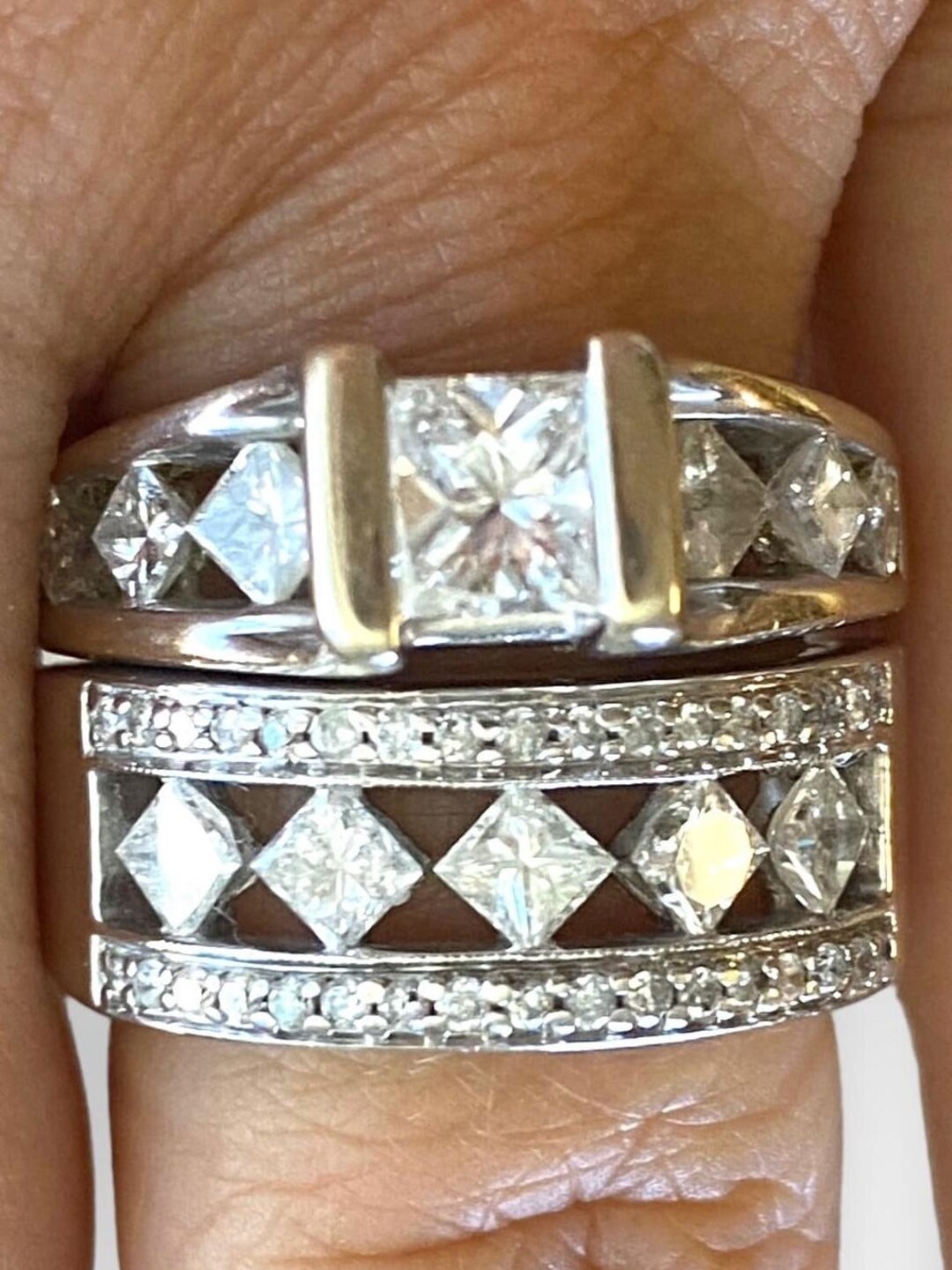 Estate 14K White Gold 2.49 CTW Princess Cut DIAMOND Engagement Ring and ...