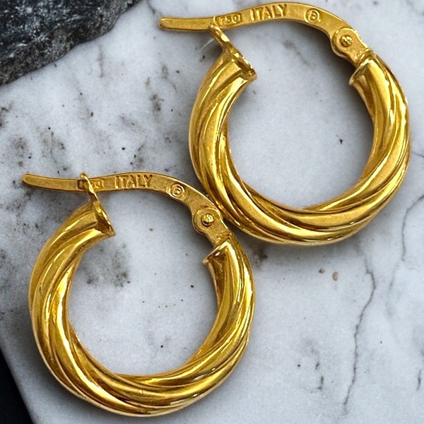 Estate Italian 18k 750 Yellow Gold Cable Huggie Hoop Earrings!