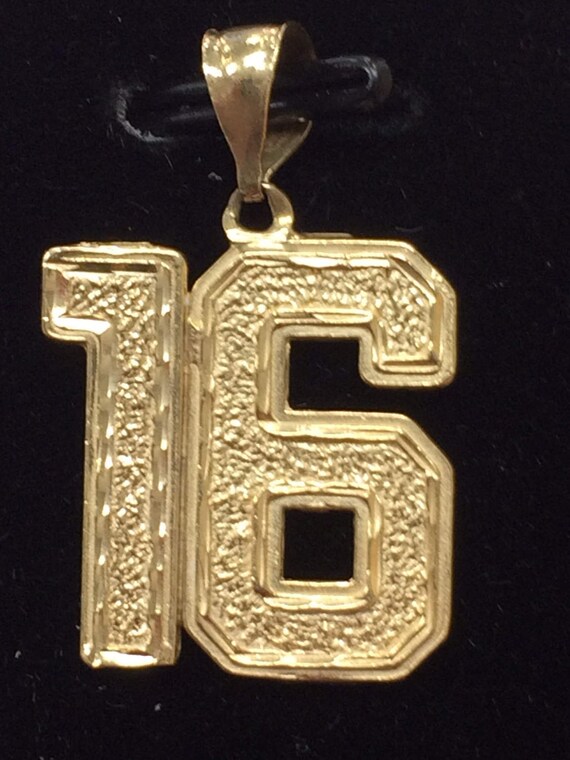Vintage LARGE 14K Yellow Gold Diamond Cut Number “16" Sweet Birthday Charm Pendant View 2