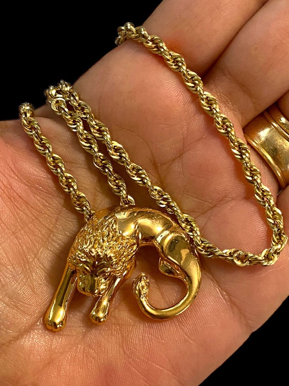 Estate 14k Yellow Gold Large LION Slide Pendant 4mm Rope  display picture 3