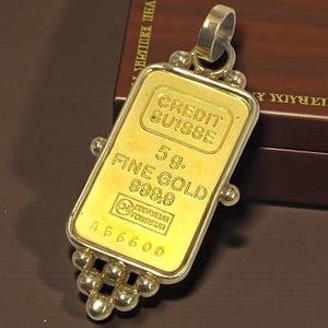 Custom 24k Gold Credit Suisse 5 Gram Bar Pendant Charm 14k Gold Frame!