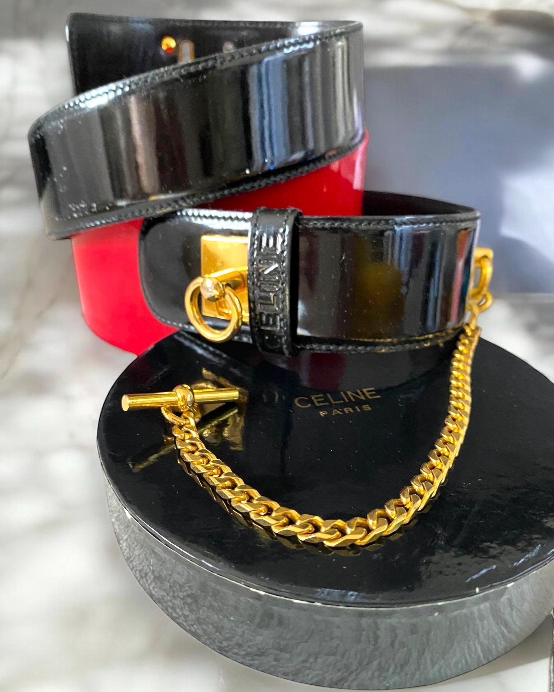 Authentic Celine Vintage Black Patent Leather Gold Buckle