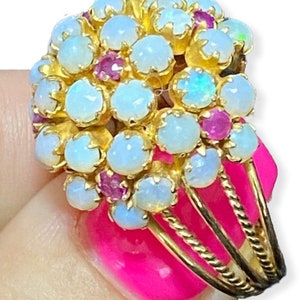 Estate 18k Gold Opal and Ruby Flower Princess Dome Ring!