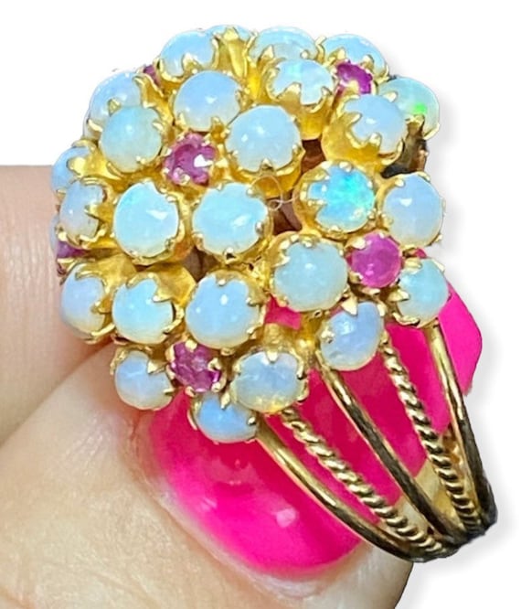 Estate 18k Gold Opal and Ruby Flower Princess Dome