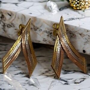 VINTAGE Italy 14K Tri-Color Gold Large “V” Pierced Earrings GORGEOUS!!