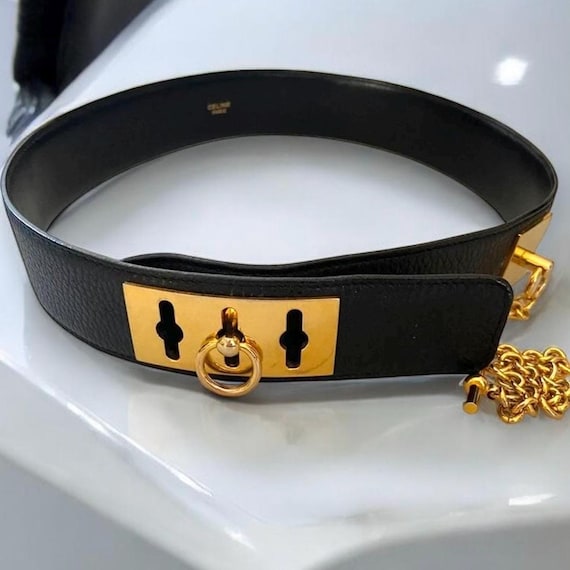 Authentic Celine Vintage Black Patent Leather Gold Buckle