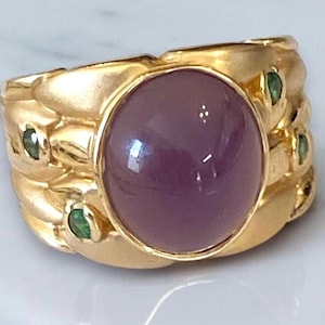 Estate Vintage 14K Yellow Gold Light Purple Jade Statement Ring Size 7.25