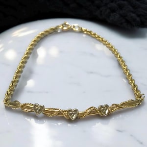 Vintage 14K Yellow Gold Triple Heart Diamond Accent 2mm Rope Chain Bracelet 7.5&quot;