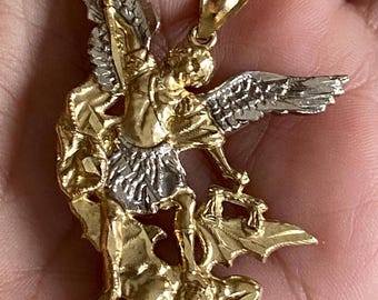 10k Two-Tone Gold St. Michael Archangel Medal Pendant With Diamonds - 1.14 Inch Double Sided Religious Necklace - View #10