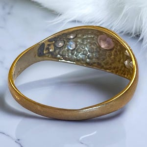 Pu&ograve; includere: Un anello d'oro con una superficie testurizzata e una pietra rosa incastonata al centro. L'anello &egrave; decorato con pietre pi&ugrave; piccole intorno al bordo.