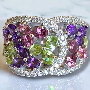 Estate 14K White Gold Amethyst, Tourmaline, Peridot and Diamond FLOWER Ring Sz 6