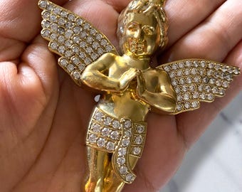Estate HUGE Custom 10k Yellow Gold 6 CTW CZ Angel Pendant 26.2 grams