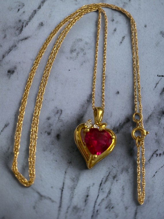 VINTAGE 10K Yellow Gold Ruby and Diamond Heart 18… - image 4
