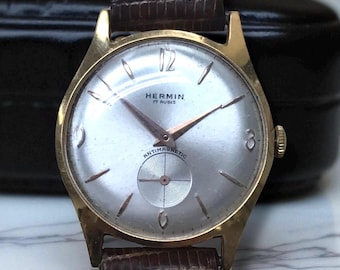VINTAGE MENS 18K Yellow Gold Hermin Date Wrist Watch