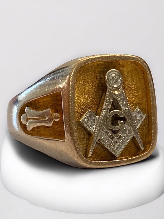 Vintage MENS MASONIC 10K Two Tone Gold Ring Size … - image 4