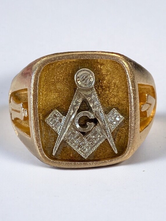 Vintage MENS MASONIC 10K Two Tone Gold Ring Size … - image 9