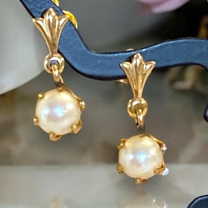 Antique 14K Gold 6mm Pearl Dangle Pierced Earrings GORGEOUS!